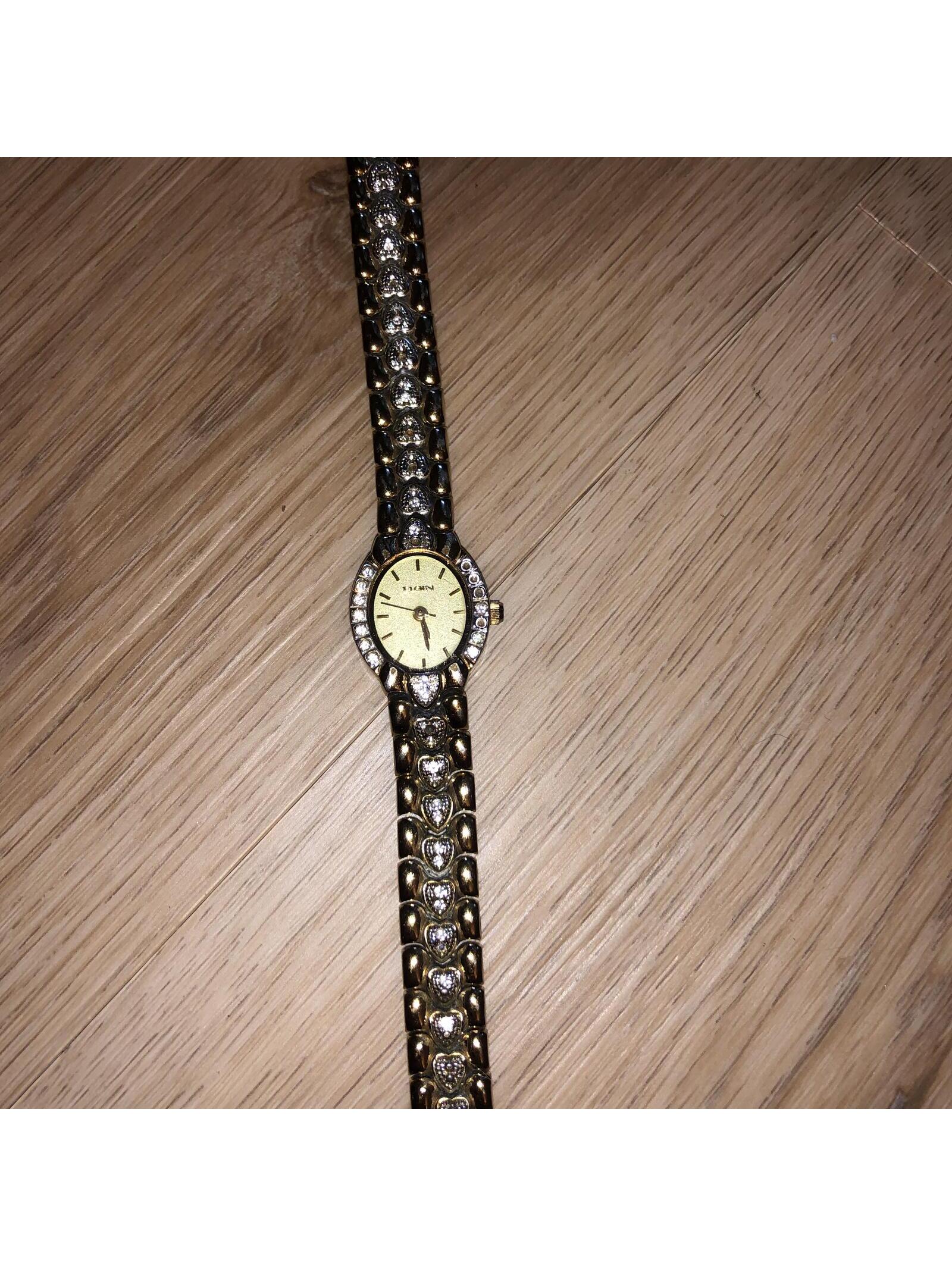 Elgin Crystal Diamond Gold Silver Heart Ela72bn Vintage Ladies Watch Womens
